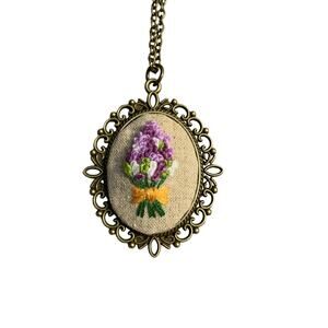 Lavender Bouquet Flower Embroidery Necklace, Handmade Pendant